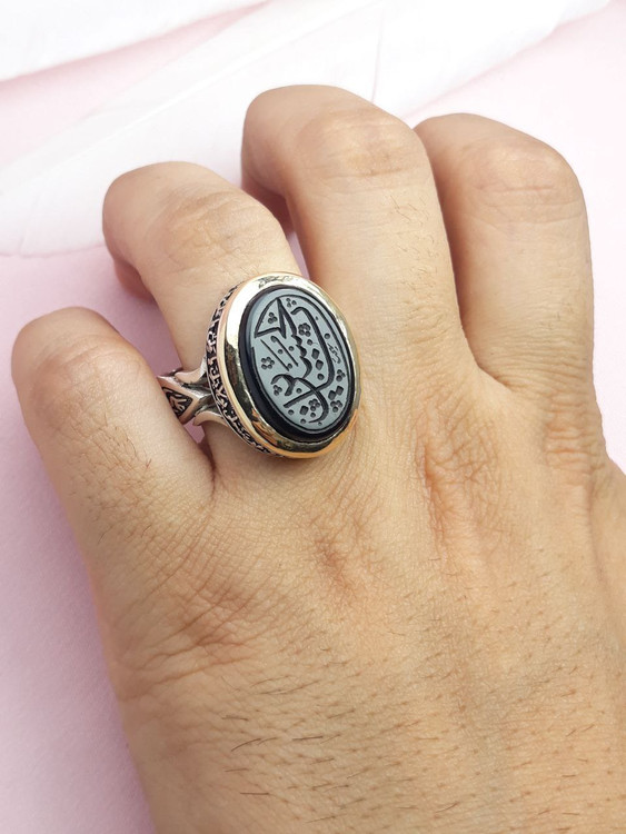 انگشتر یاحسین نقره مردانه عقیق سیاه