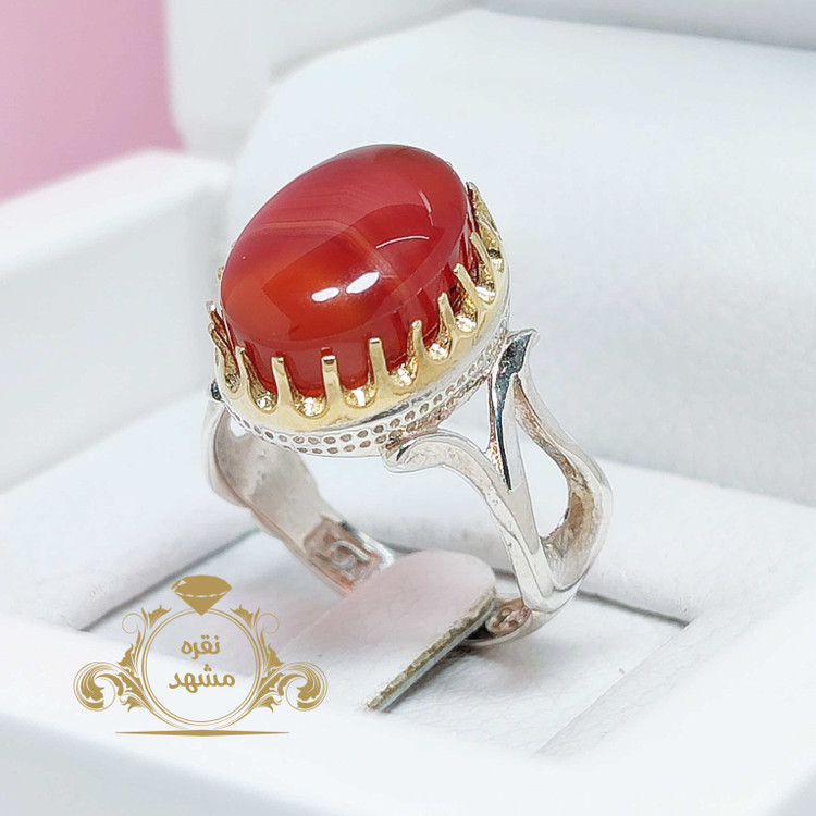 انگشتر نقره مردانه عقیق سرخ یمانی رگه دار