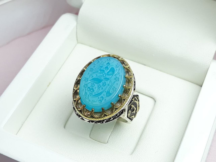 انگشتر یا رقیه انگشتر مردانه عقیق آبی رکاب