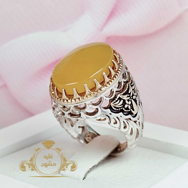 فروش انگشتر عقیق زرد اصل شرف الشمس پولکی