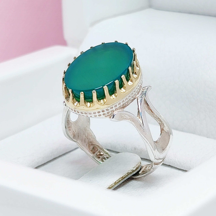 انگشتر مردانه عقیق سبز معدنی طرح بته جغه نقره 925