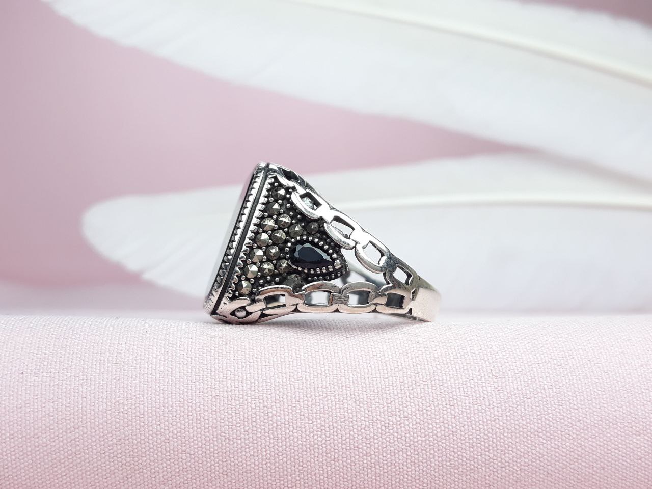 انگشتر طرح ترک مردانه عقیق سیاه اسپرت اصلی