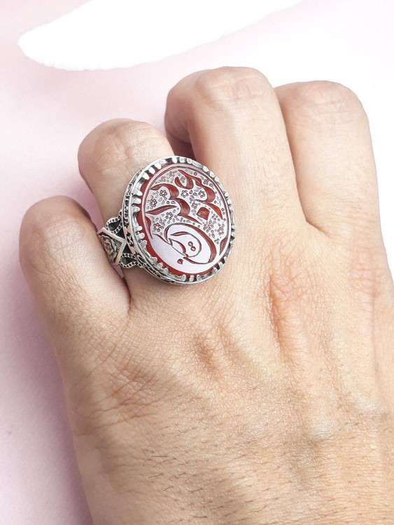 انگشتر حکاکی زیبای عبدالله الحسین عقیق سرخ