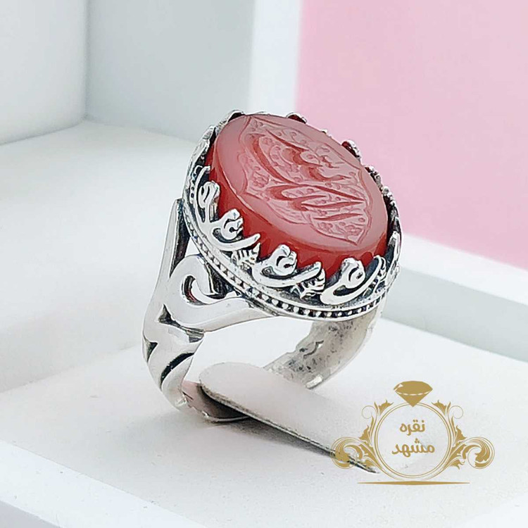 انگشتر مردانه عقیق سرخ الملک لله رکاب نام مبارک حضرت علی