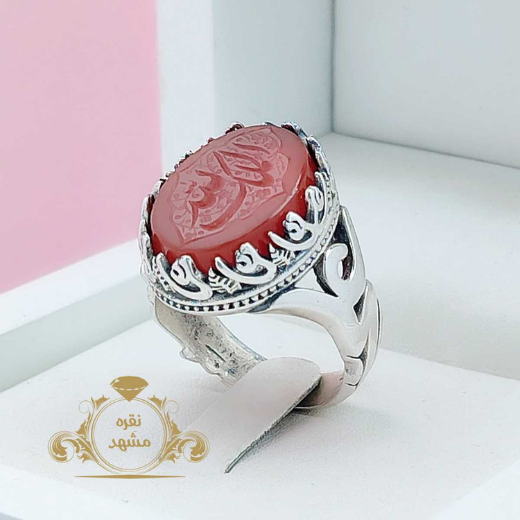 انگشتر عقیق سرخ مردانه الملک لله رکاب نام مبارک حضرت علی