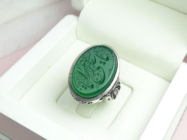 انگشتر عقیق سبز نام مبارک یاعلی یازهرا نقره ۹۲۵ مردانه