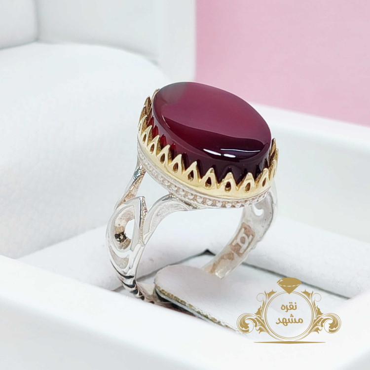 انگشتر سرخ کبدی خراسان مردانه نقره اصل مدل اشکی