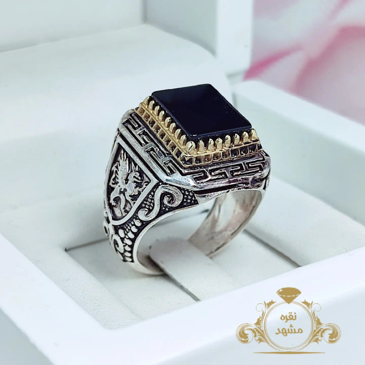انگشتر مردانه عقیق سیاه اصل طرح پژو