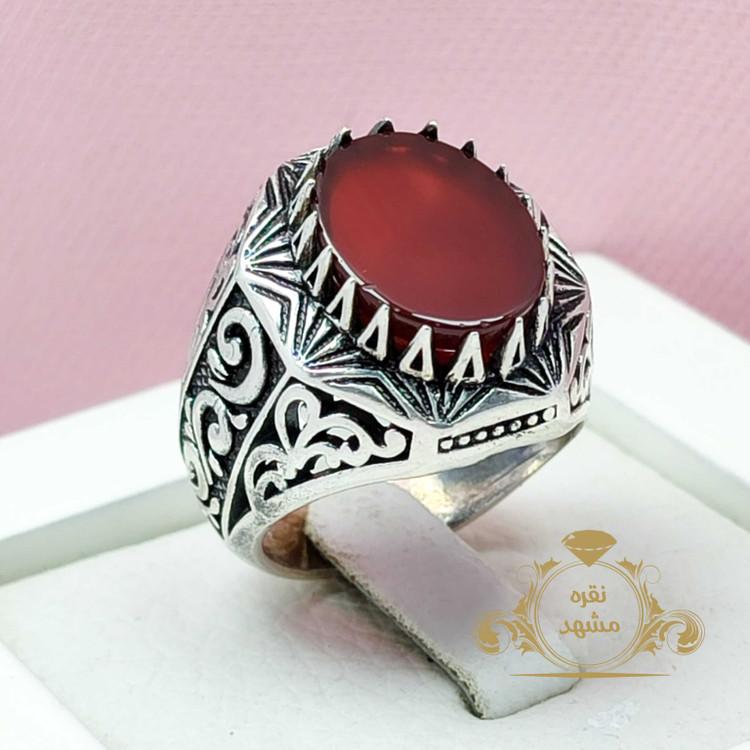 انگشتر مردانه عقیق سرخ اصلی طرح قلم زنی