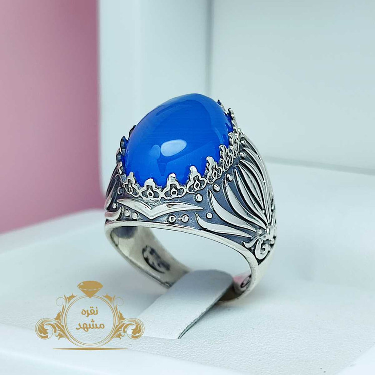 انگشتر عقیق آبی مردانه نقره اصل خاص نگین دامله