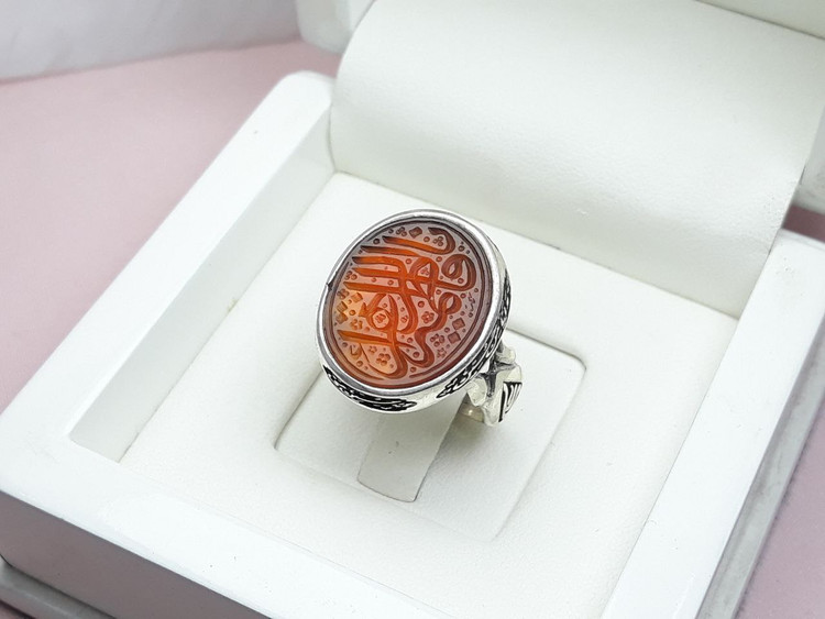 انگشتر دستساز مردانه عقیق پرتقالی یمنی یا فاطمه