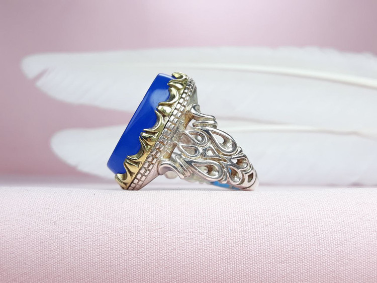 حکاکی یا مولا علی انگشتر عقیق آبی مردانه نقره