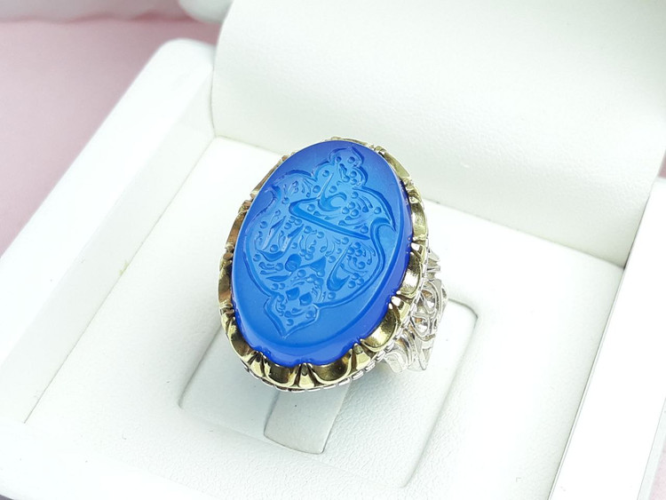 حکاکی ذکر یا مولا علی انگشتر عقیق آبی مردانه نقره