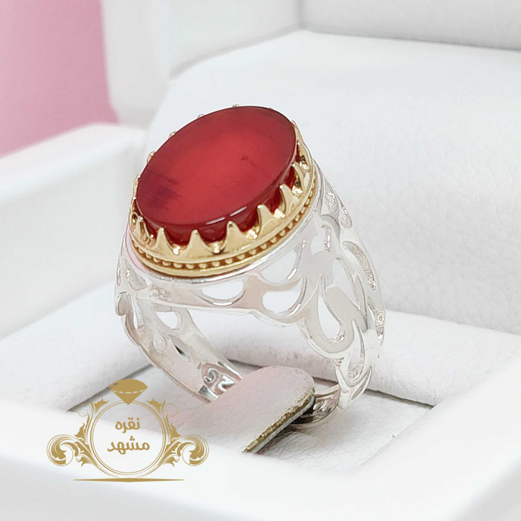 انگشتر مردانه عقیق سرخ زیبای شبکه کاری سده