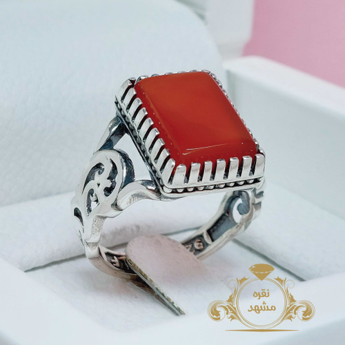 انگشتر سرخ رهبری مردانه نقره چهارگوش