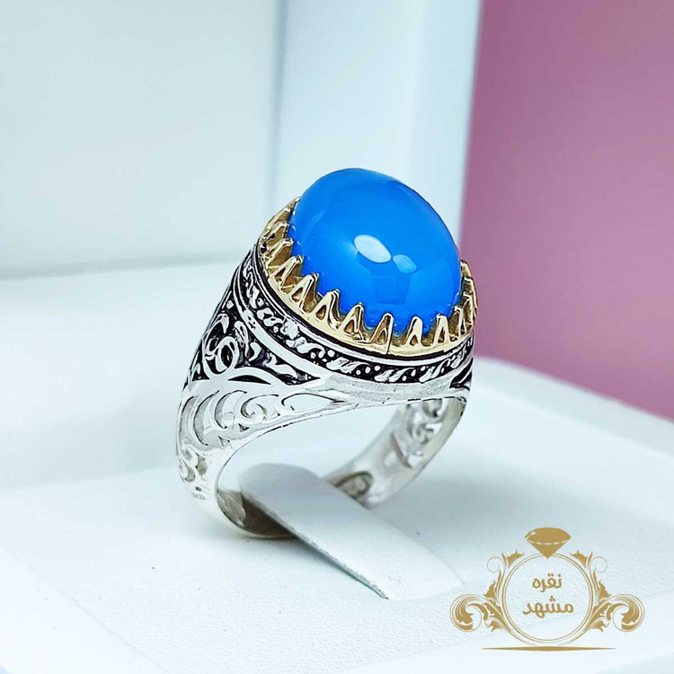 انگشتر عقیق آبی روشن مردانه اصلی