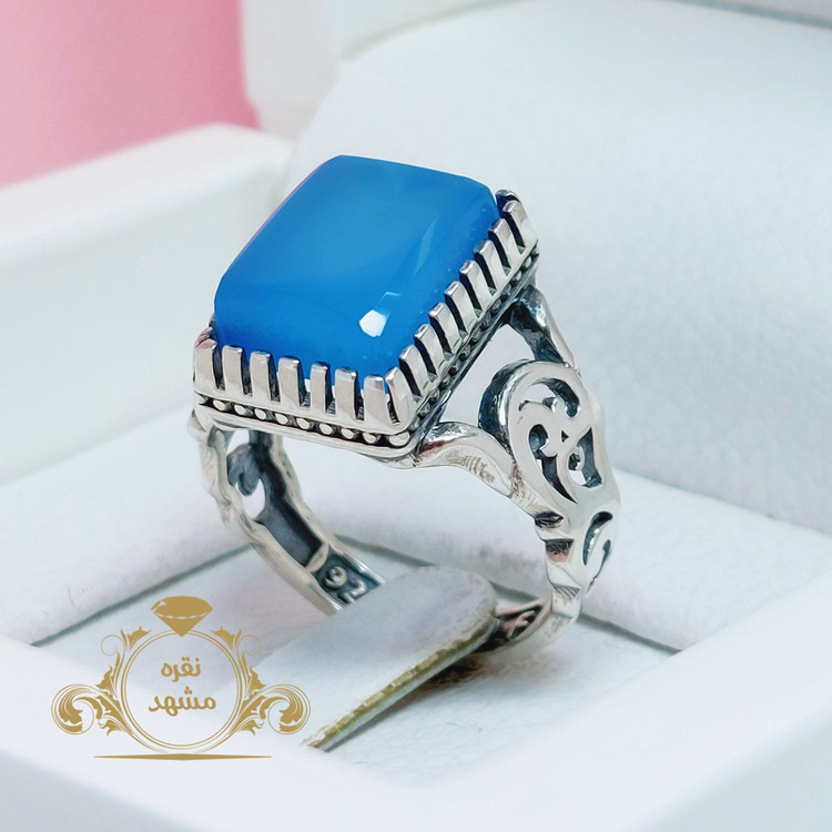 انگشتر رهبری مردانه عقیق آبی با رکاب نقره مردانه