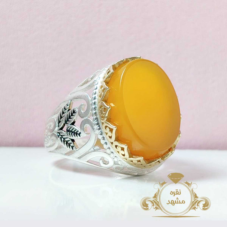 عقیق زرد اصلی انگشتر نقره طرح برگ خاص