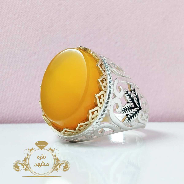 عقیق زرد اصل انگشتر نقره ۹۲۵ طرح برگ