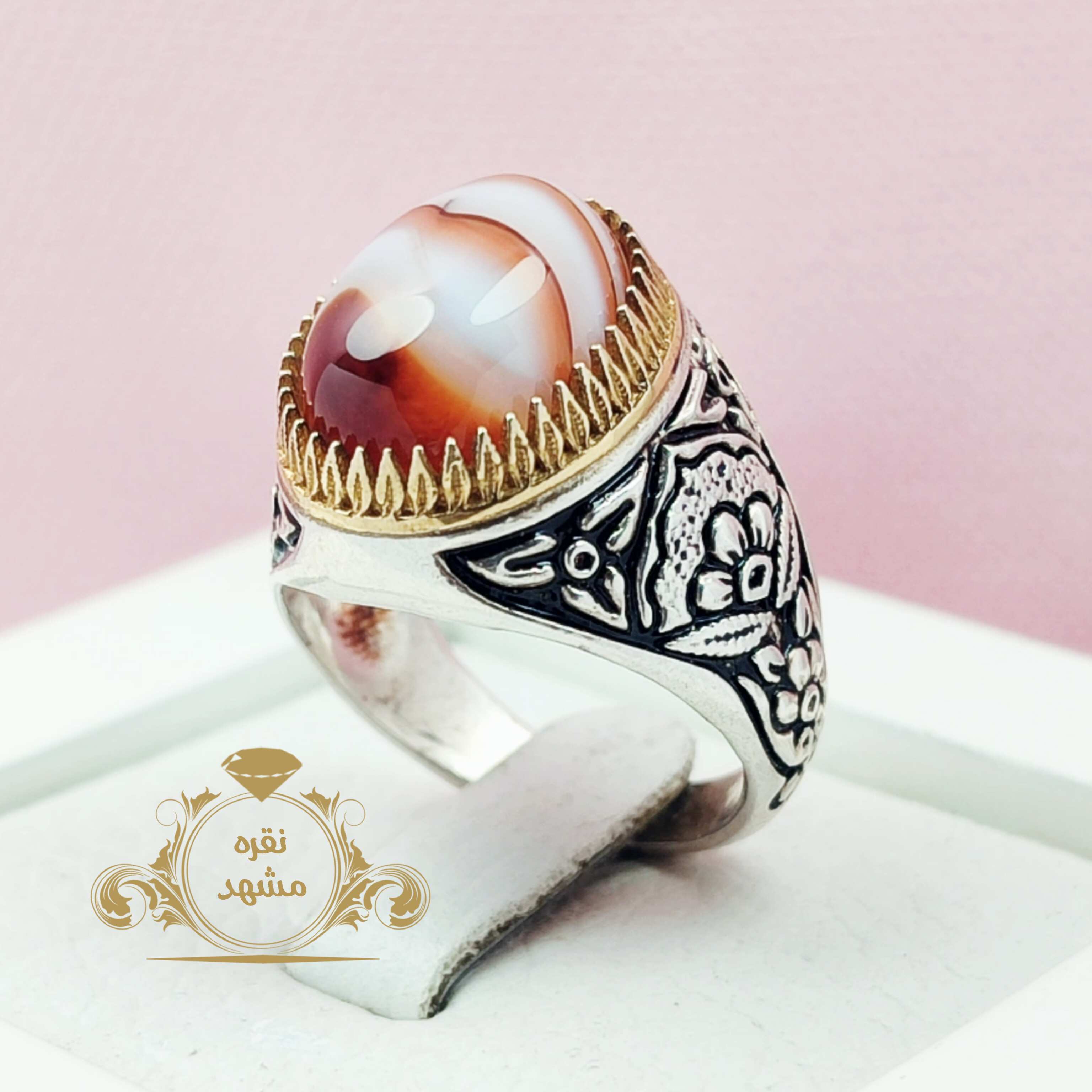 انگشتر نقره مردانه با سنگ عقیق سلیمانی سفید