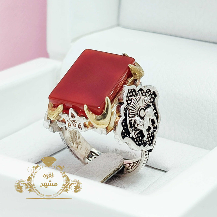 شیر و خورشید مردانه انگشتر عقیق سرخ نقره 925