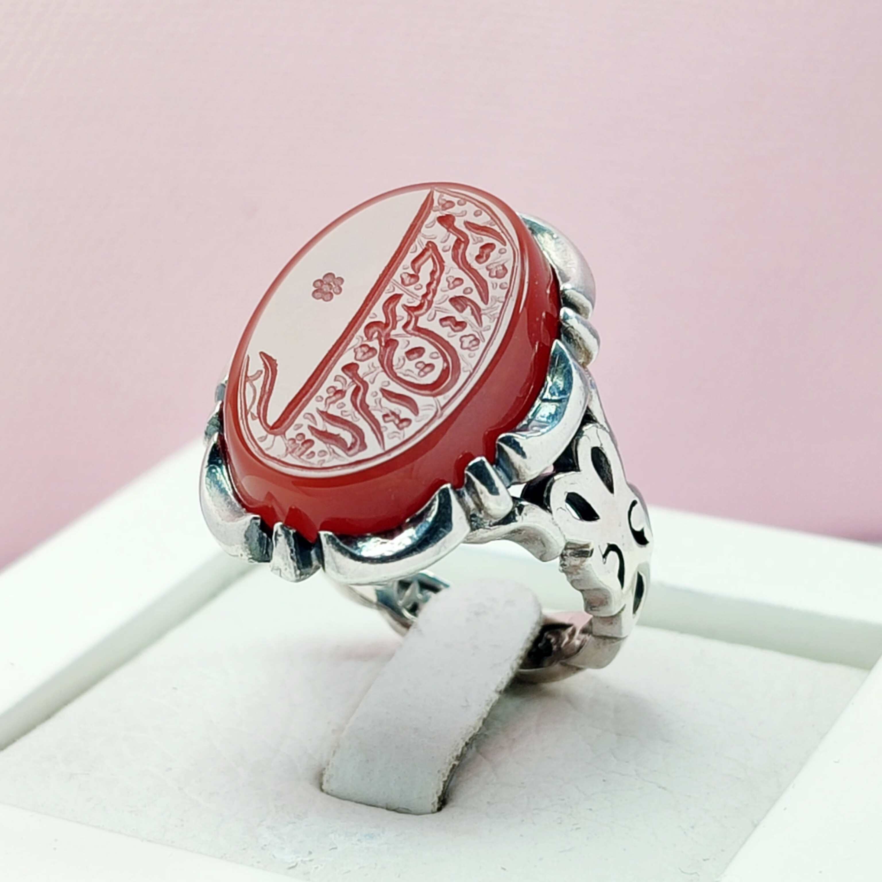 حکاکی امیری حسین و نعم الامیر مردانه عقیق سرخ نقره