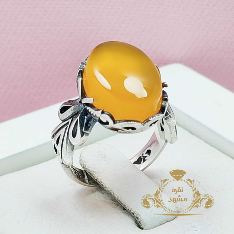انگشتر عقیق زرد نقره مردانه شاپرک یمن تراش