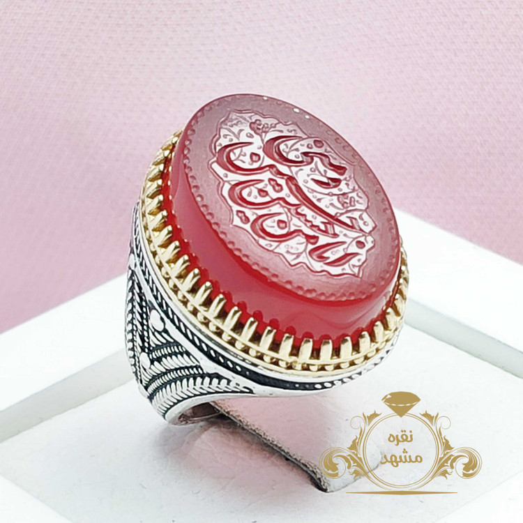 انگشتر خطی مردانه عقیق سرخ خوشرنگ ذکر انا من حسین و حسین منی