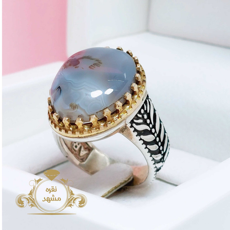 انگشتر مردانه شجر قائن عقیق کبود شجری رگه دار