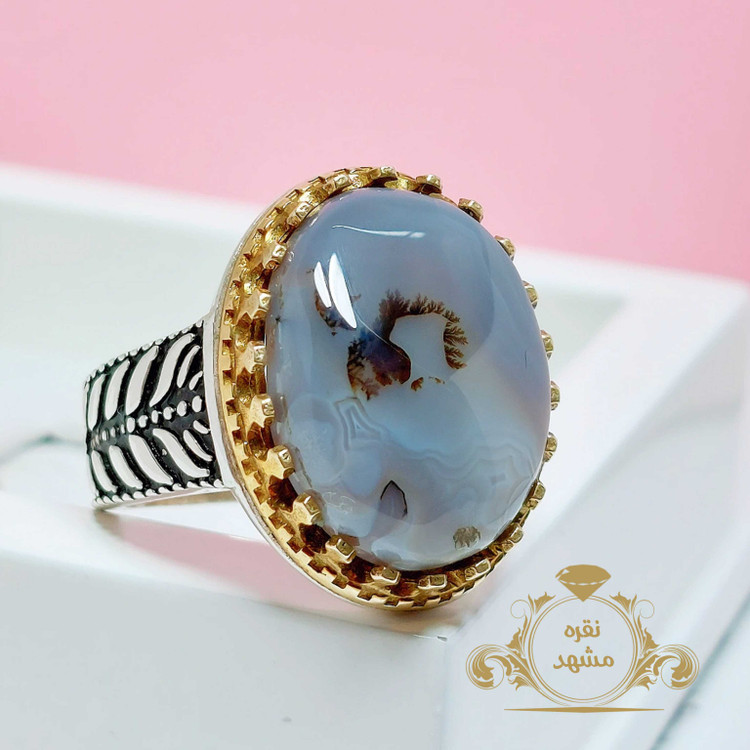 انگشتر مردانه شجر قائن عقیق کبود رگه دار شجری