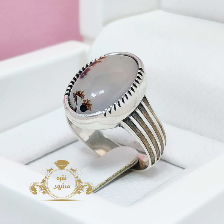 عقیق سفید شجر قائن انگشتر نقره مردانه عقیق سفید