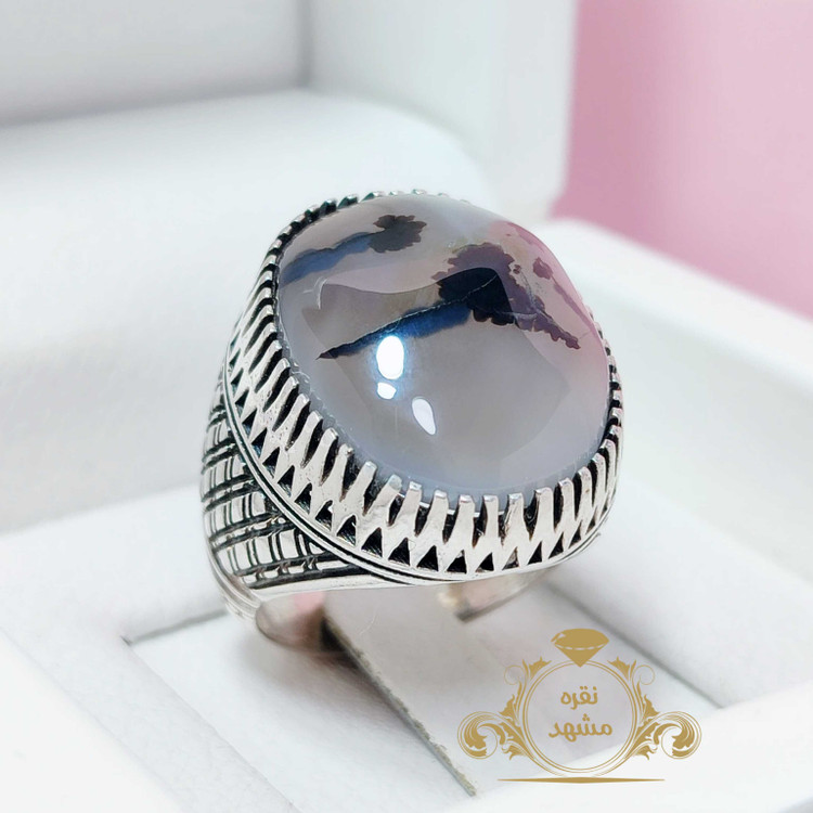 انگشتر شجر حصیری مردانه عقیق سفید خطوط سیاه