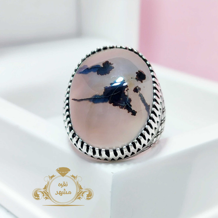 انگشتر شجر حصیری مردانه نقره عقیق سفید خطوط سیاه