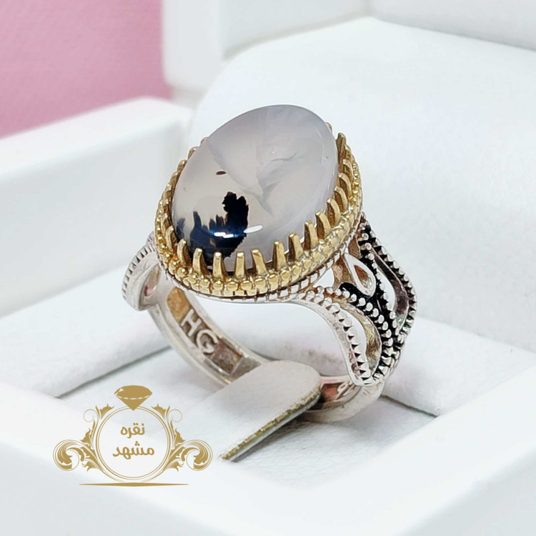 انگشتر مردانه مدل لاله نگین شجر نقش موج آب