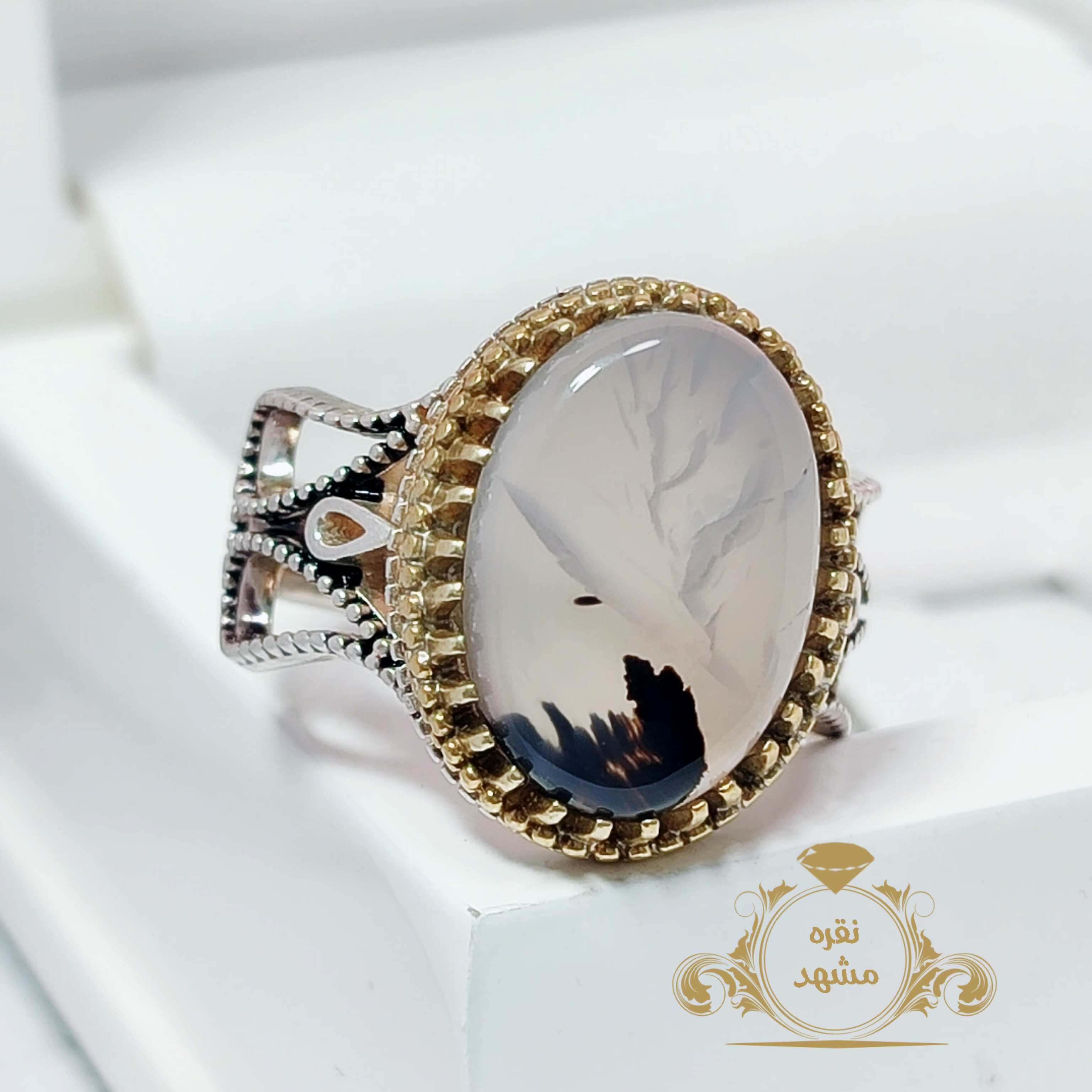 انگشتر نقره لاله نگین شجر نقش موج آب