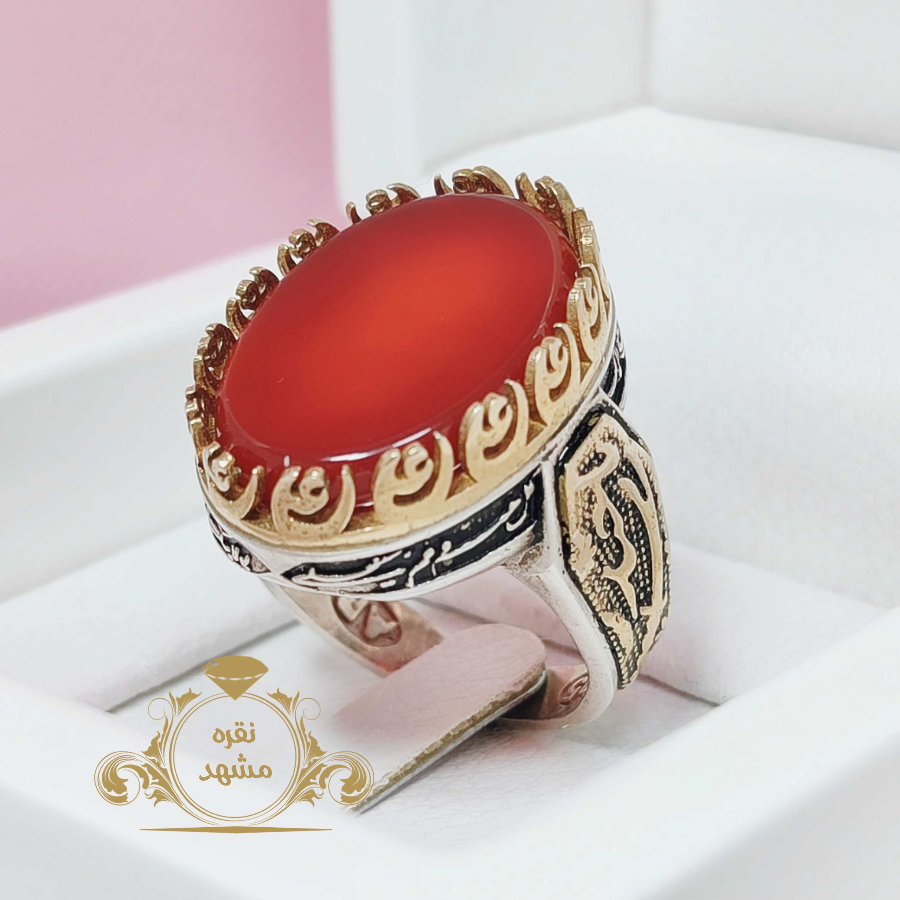 انگشتر مردانه عقیق سرخ اصل رکاب قلم‌زنی