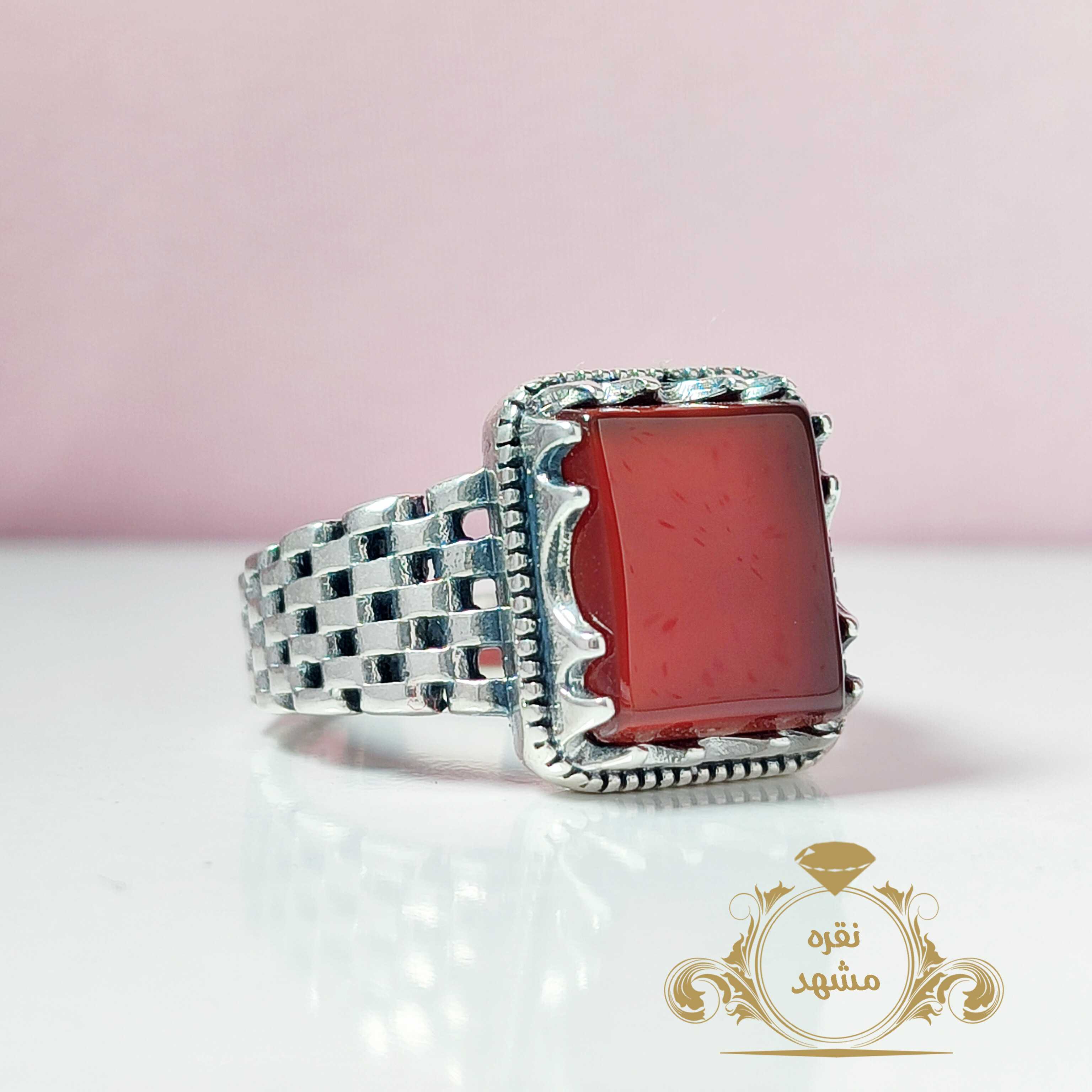 انگشتر رولکسی نقره عقیق سرخ معدنی چهار گوش