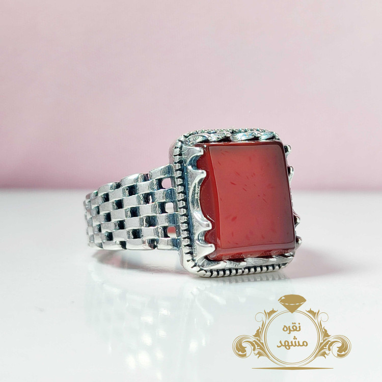 انگشتر رولکسی نقره عقیق سرخ معدنی چهار گوش