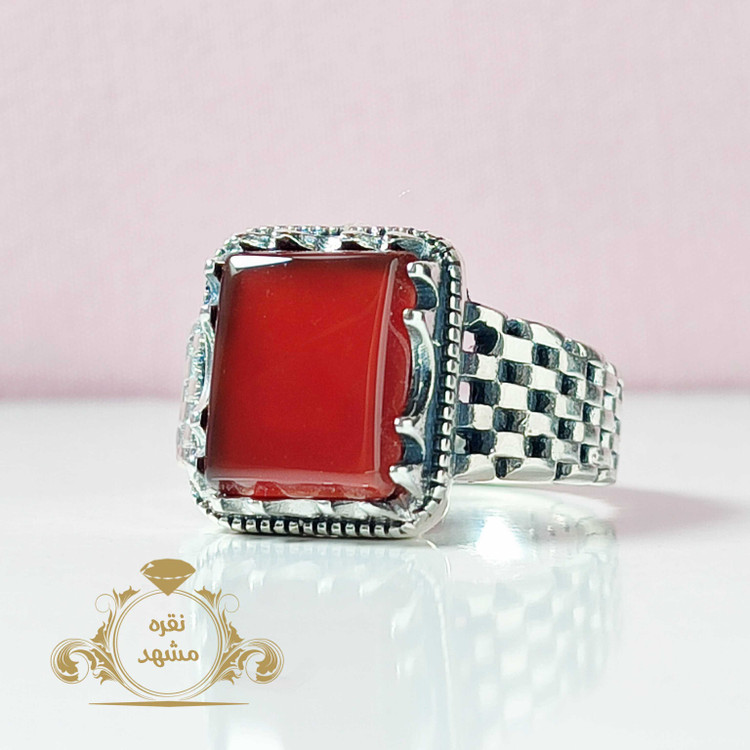 انگشتر رولکسی مردانه عقیق سرخ معدنی چهار گوش