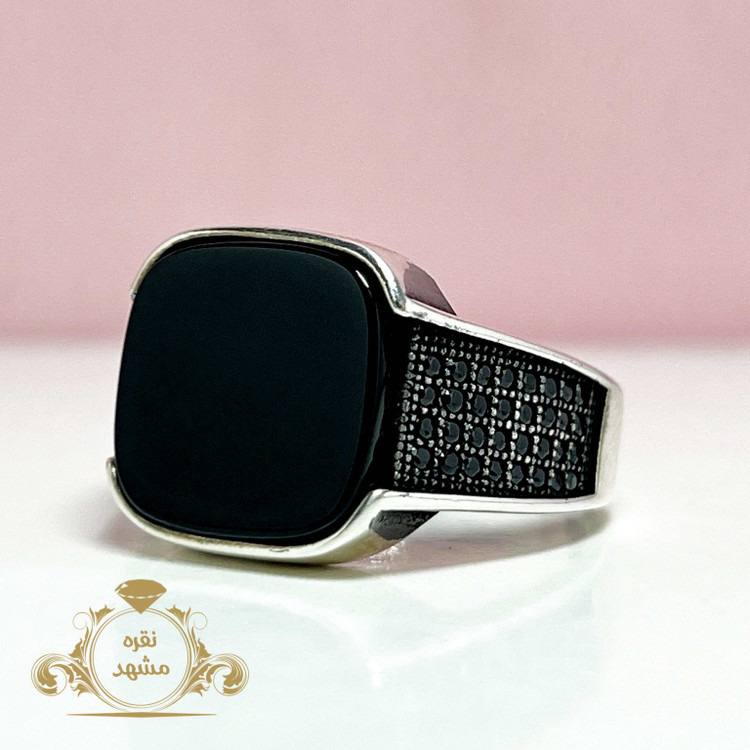 انگشتر عقیق سیاه مردانه انگشتر نقره عالی چهار گوش