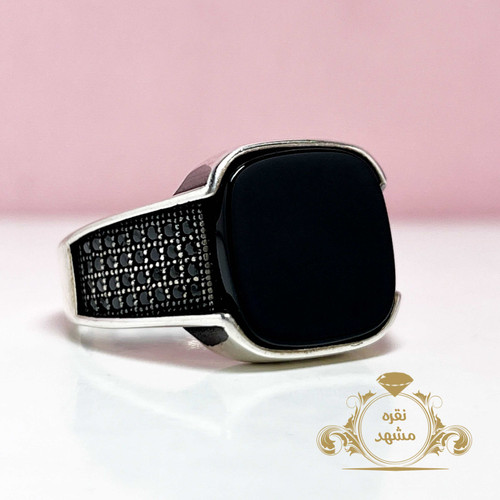 عقیق سیاه مردانه انگشتر نقره عالی چهار گوش